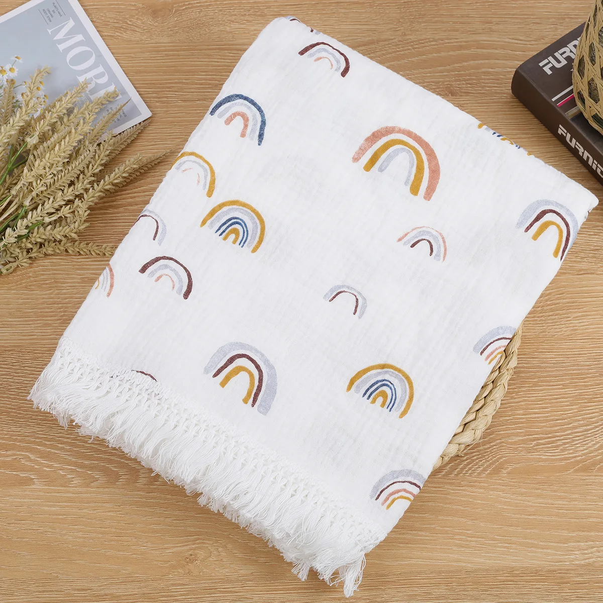 New Baby Cotton Muslin Tassels Swaddle Soft Newborn Wrap Receiving Blanket Sleeping Blanket Diapers Baby Bath Towel 100x120cm 4