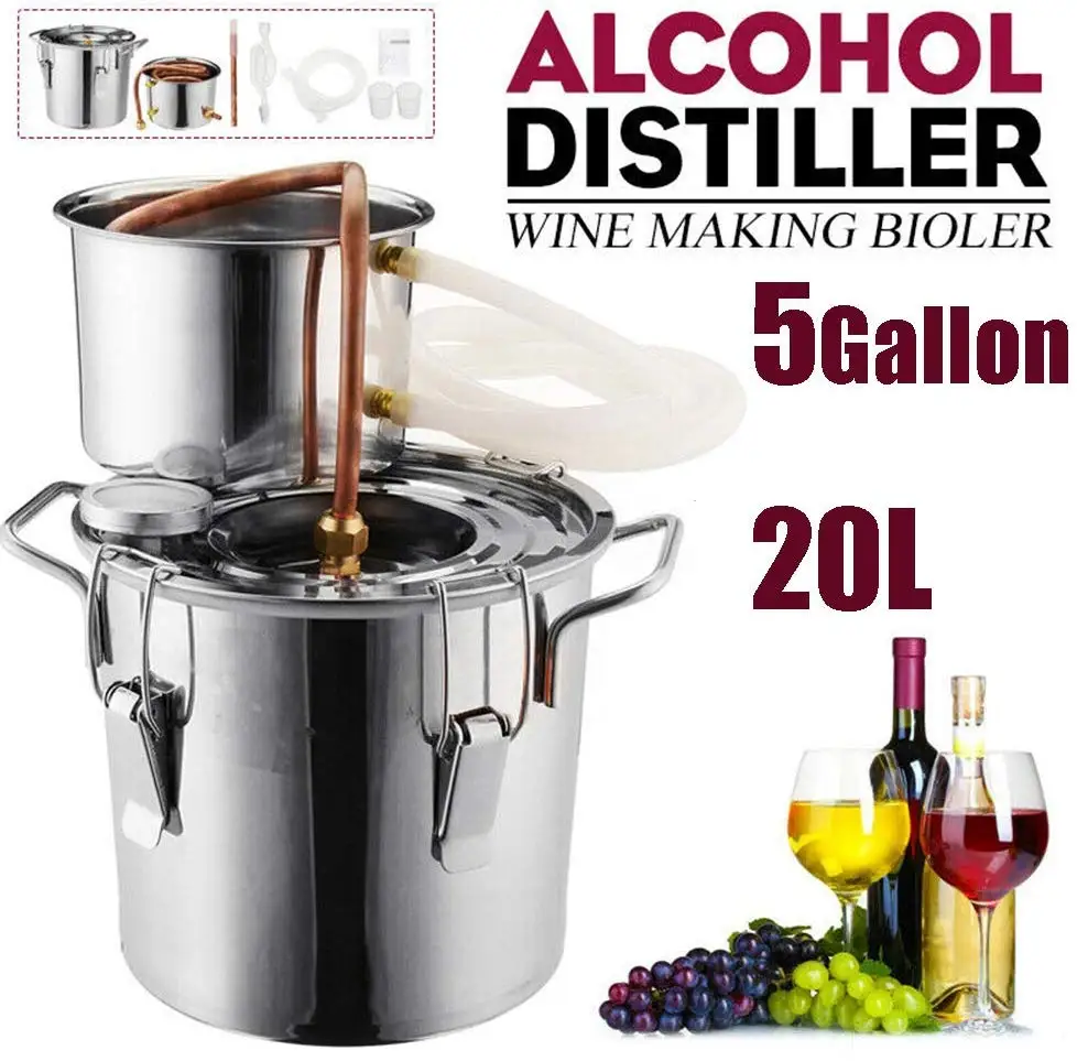 10L 20L 2/5 Gal Alcohol Distiller Copper Tube Moonshine Still Spirits Home Brew Wine Making Kit Stainless Steel Oil Boiler water alcohol distiller