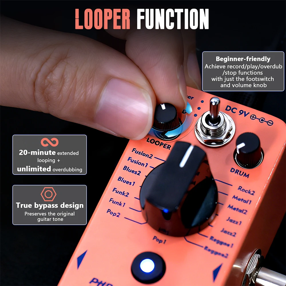 AITONE Series AT-01 Looper Pedal 8 Drum Styles 20 Minutes Looping Time Drum Mach