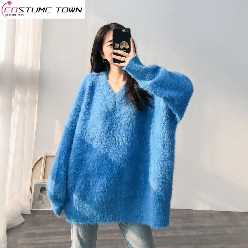 

Casual Imitation Mink Plush Sweater V-neck 2023 New Spring and Autumn Korean Version Loose and Lazy Knit Bottom Shirt