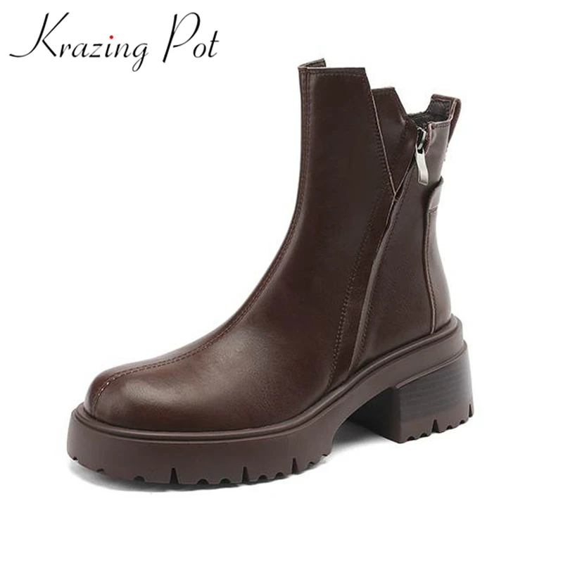 

Krazing Pot Cow Leather Round Toe Thick Heels Winter Fashion Western Boots Zipper European Style Punk Gorgeous Ins Ankle Boots