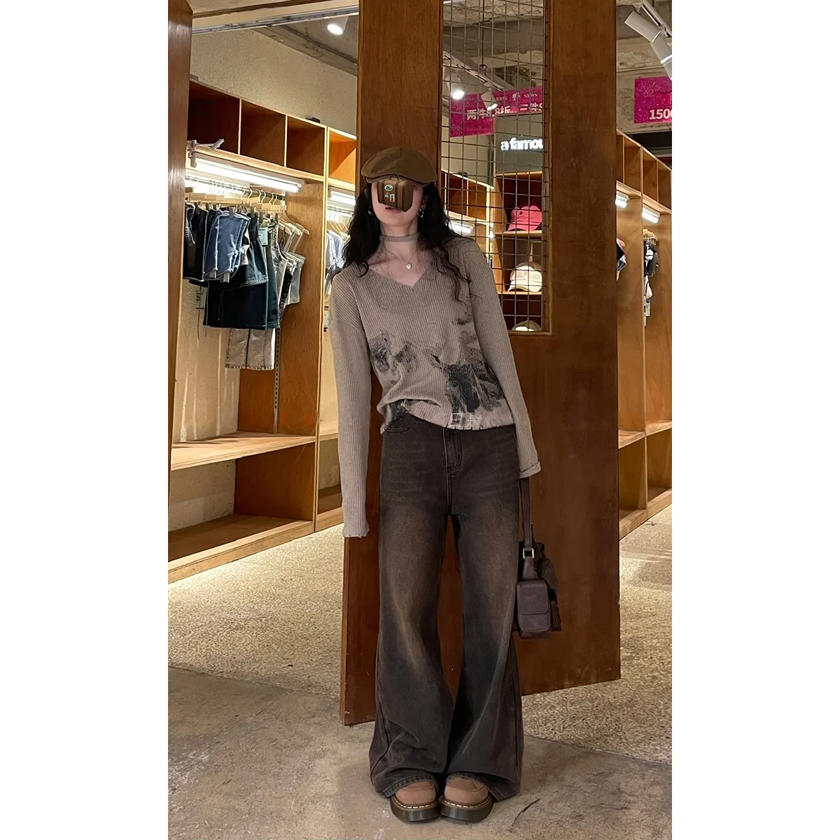 동리는 곱슬 향수를 불러 일으키는 주크 박스 복고풍 와이드 레그 청바지 여성 가을 올 매치 캐주얼 스트레이트 팬츠입니다.