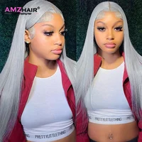 Perruque Lace Front Wig brésilienne naturelle, cheveux lisses, gris argenté, 13x4, couleur transparente 1