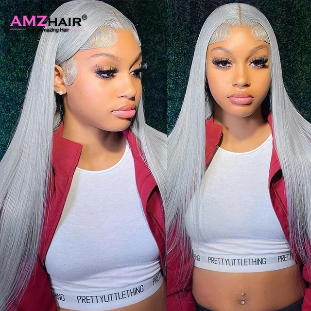 Perruque Lace Front Wig brésilienne naturelle, cheveux lisses, gris argenté, 13x4, couleur transparente 1