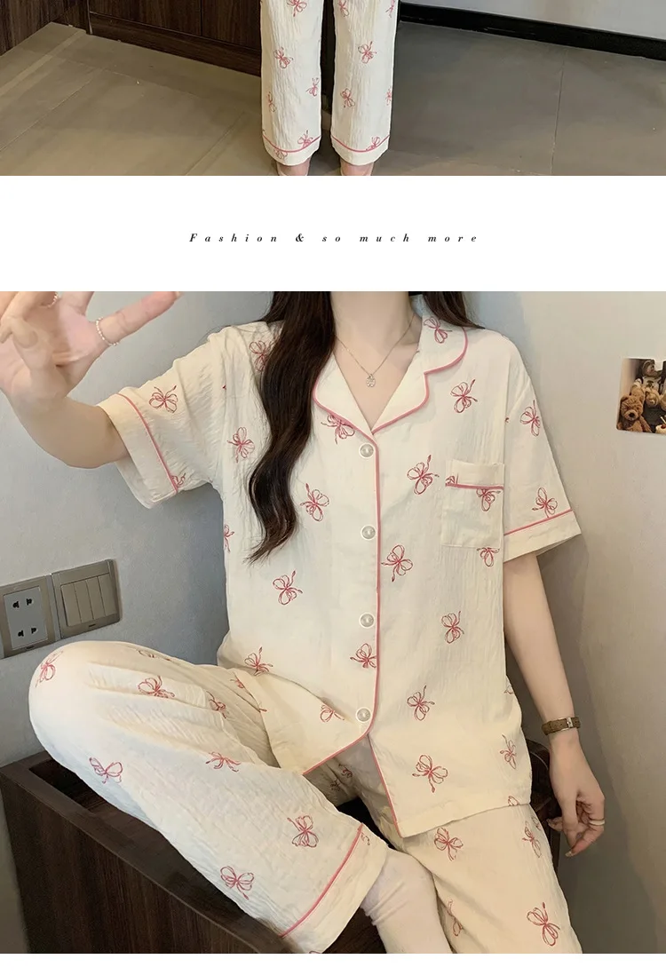 French-Style Sweet Bow Pajamas for Women: Summer Short-Sleeve Long-Pants Set with Cloud-Print, Soft and Cozy Cotton Loungewear