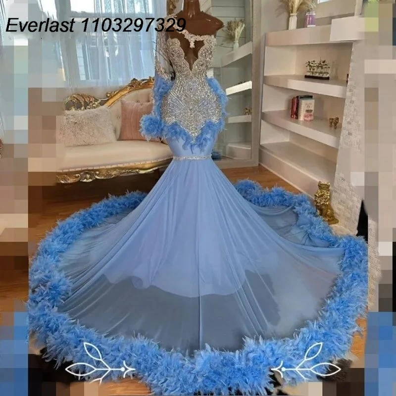 

EVLAST Luxury Blue African Prom Dress for Black Girl Sparkly Diamond Feather Beaded Mermaid Party Gown Vestidos De Gala TPD47