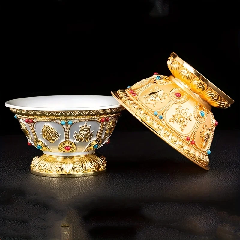 

Engraved Gilt Bowl Inlaid Gem Zinc Alloy Auspicious Tibetan Tribute Holy Water Cup Buddhist 9.2 cm Bowl Home's Gift Altars Deskt