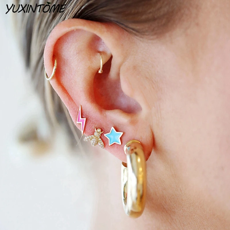 925 순수 실버 바늘 러블리 스타/번개 펜던트 골드 귀걸이 컬러 에나멜 18mm 후프 귀걸이 여성을위한 패션 쥬얼리