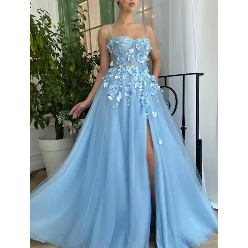 

Spaghetti Strap Princess Sweetheart Prom Dresses Elegant Tulle Applique Side Spilt Sleeveless Formal Vestidos De Noche 2023