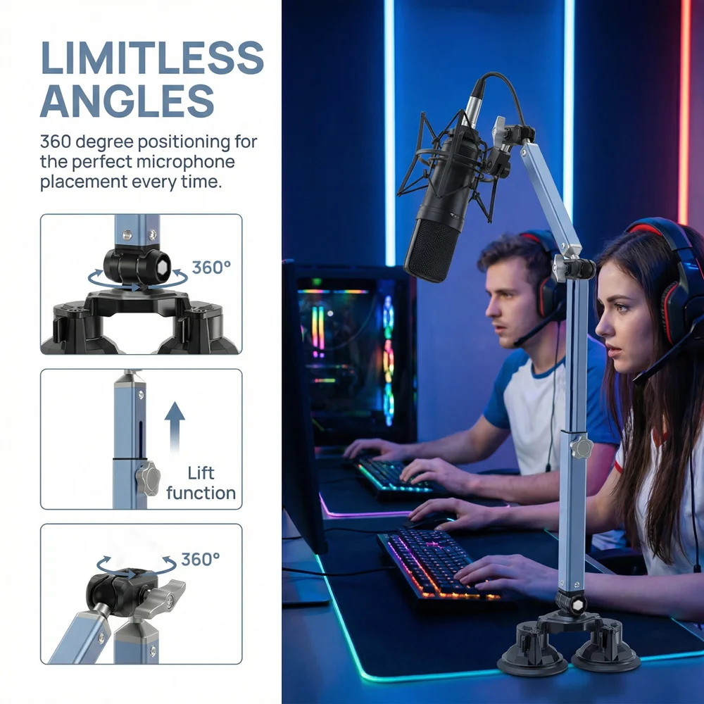 Lanparte 마이크 붐 암, 마이크 스탠드 데스크 더블 석션 컵 베이스(리프팅 스탠드 포함), Hyper X Fifine K669B Shure용 마이크 암