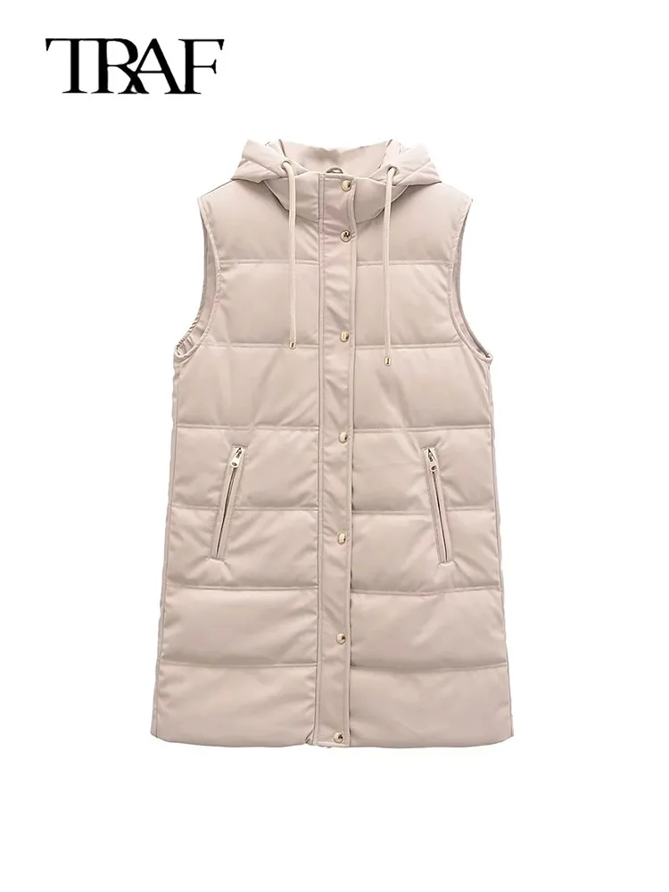 

TRAF Women Hooded Zip Sleeveless Jacket 2023 Autumn Winter Cotton Parka Coat Female Waistcoat Long Vest