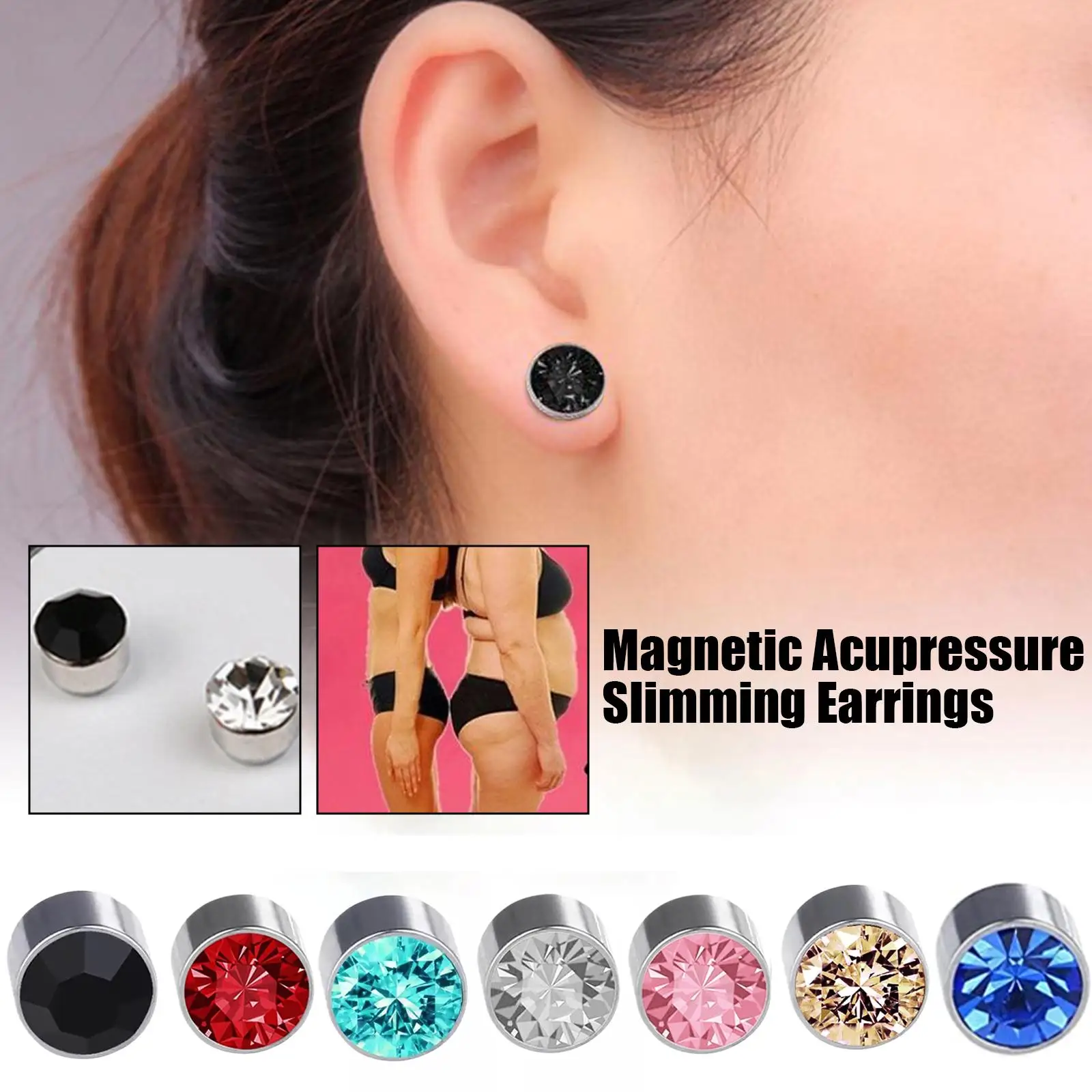 Slimming Detox Magnetic Ear Studs Men Women Stud Earrings Round Magnet Crystal Stone Earring No Ear Hole Nails
