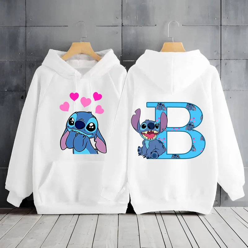 2024 Women's Winter Jacket Cute Kawaii Disney Lilo & Stitch Lucky Letter Print White Hoodie Fashion Couple Streetwear Sportswear 3
