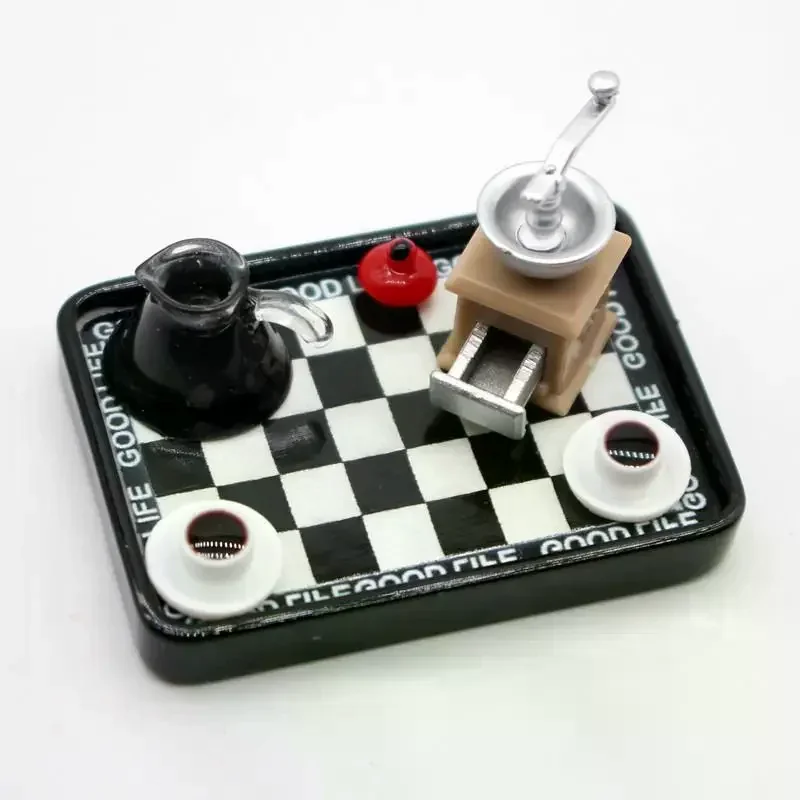 Dollhouse Miniature Coffee Maker Grinder Black And White Checkered Dinner Plate Set Model For Doll House Decor Pretend Play Toys
