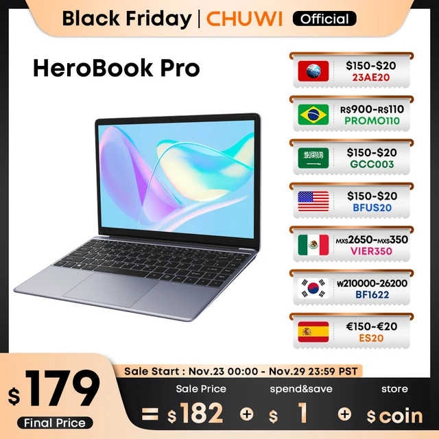 Ноутбук CHUWI HeroBook Pro, Windows 11, FHD дисплей 14,1 дюйма, процессор Intel celorn N4020 LPDDR4 8 Гб 256 ГБ SSD 38 Вт/ч, ПК 1