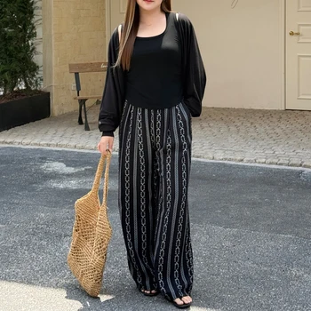 2026 Summer Premium Plus Size Vacation Cool Pants Linen Vertical Stripe Print Loose Casual Long Trousers For Curvy Women 9457
