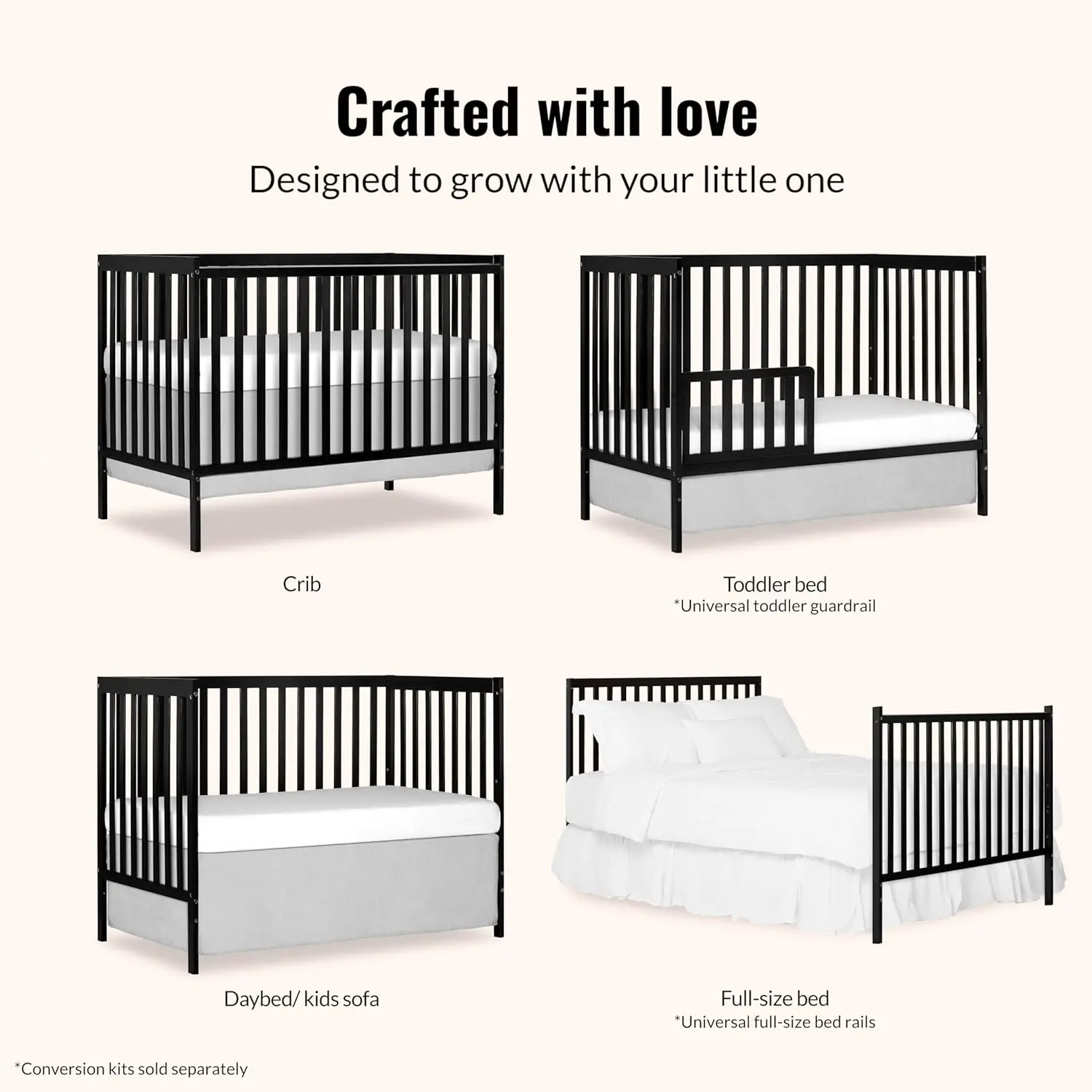 Synergy 5-in-1 Convertible Full-Size Baby Crib with Toddler, Day & Full Bed Conversion in Black, GreenGuard Gold & JPMA