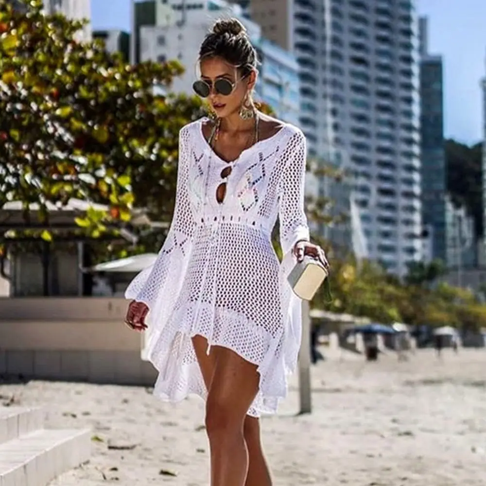 Fashion V Neck Summer Sunscreen Smock Knitted Hollow Out Swimsuit Cover Up Dress Bathing Suit Casual Bikini Cover-Ups for Women 1