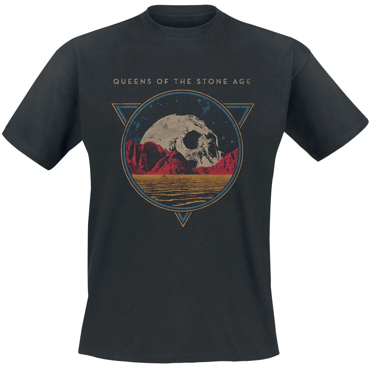 Queens of The Stone Age Skull Moon Tee, Alt-Rock-T-Shirt mit Wüstenlandschaft und Band-Logo, Band-Fan-Merchandise