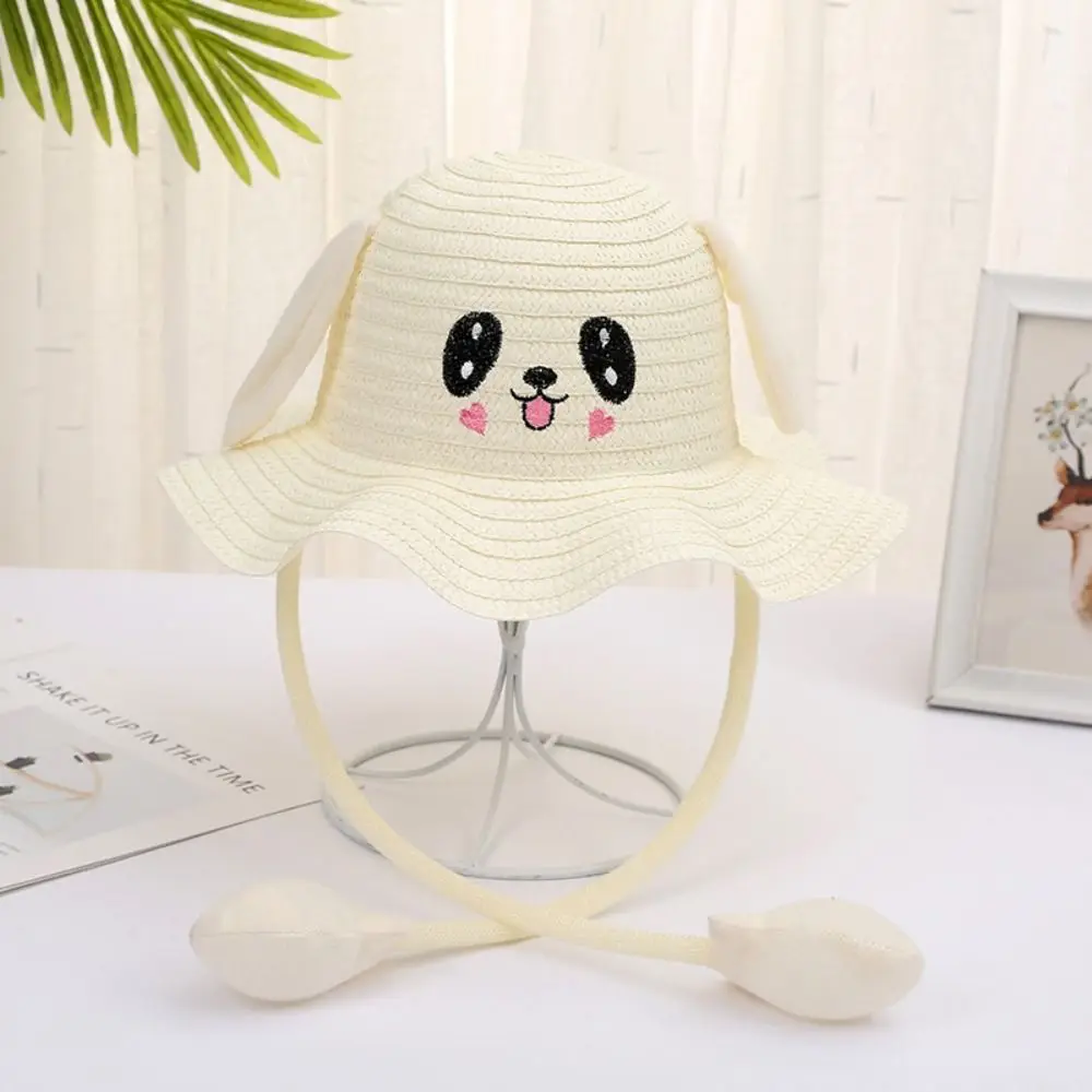 Sunscreen Rabbit Ear Sunshade Straw Hat UPF50+ Solid Color Bunny Sunshade Hat Bucket Hat Ear Moving Children Straw Hat Party