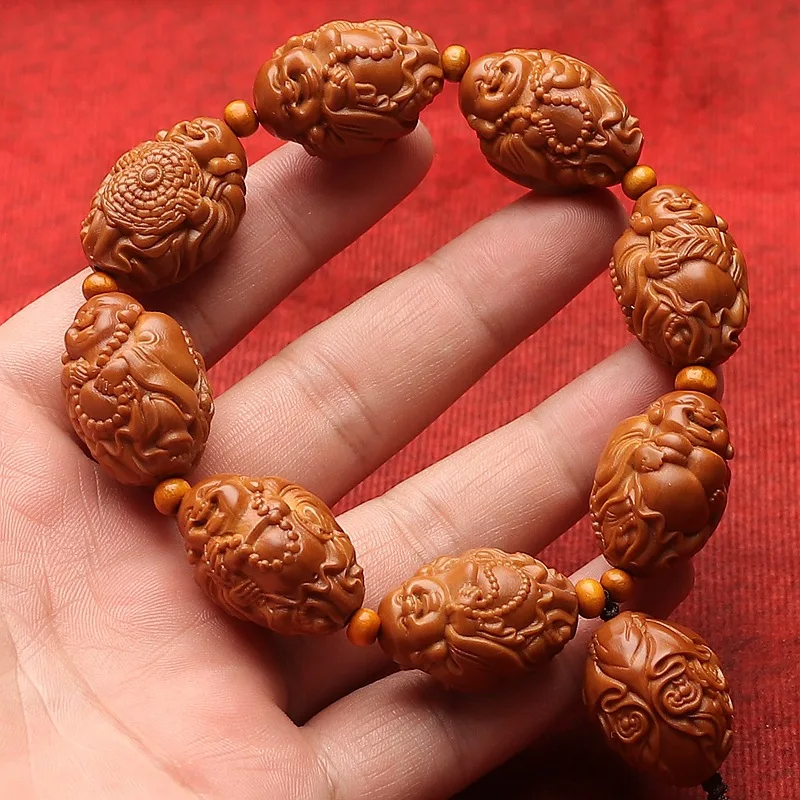 

Ореховые бусины Будды восемь сокровищ благоприятный зверь Maitreya Одиночная Подвеска Ручка Олива Ху резной браслет