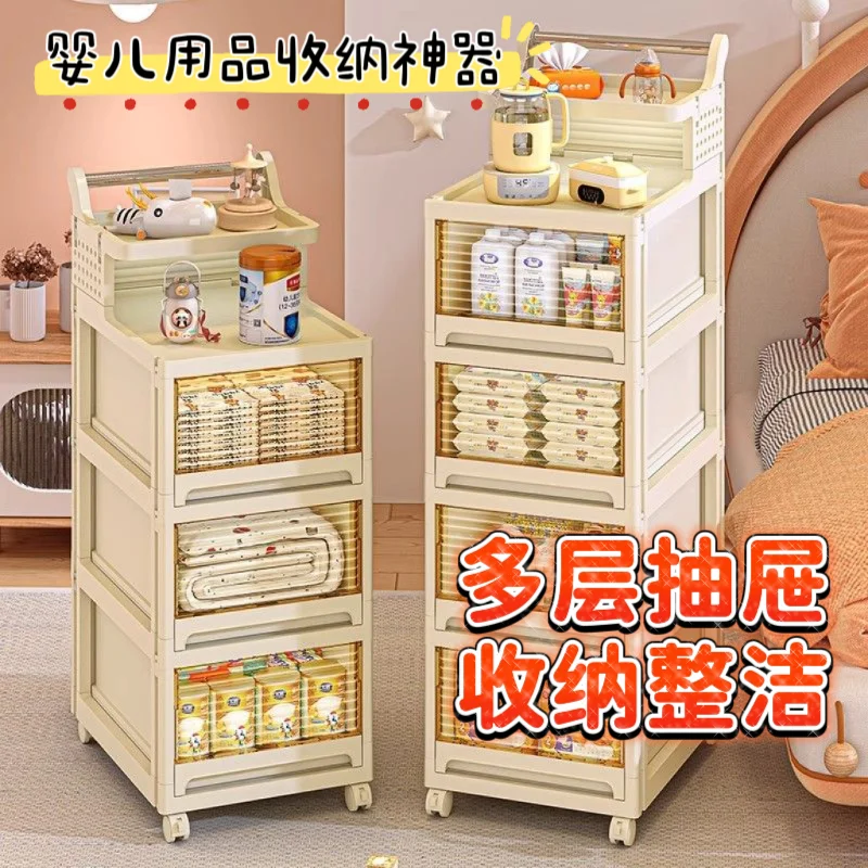 

Products Trolley Snack Storage Rack Floor Movable Baby Toy Bottle Locker