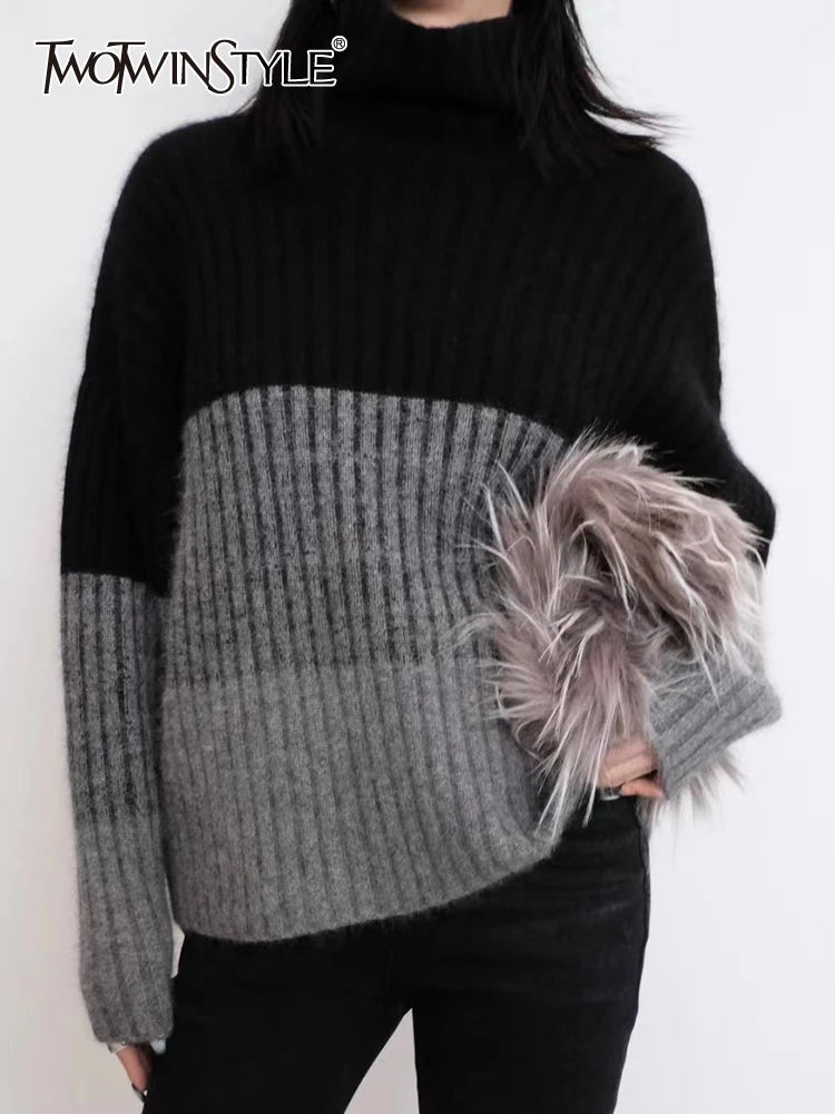 

TWOTWINSTYLE Colorblock Casual Knitting Loose Sweaters For Women Turtleneck Long Sleeve Pullover Sweater Female Fashion Clothes