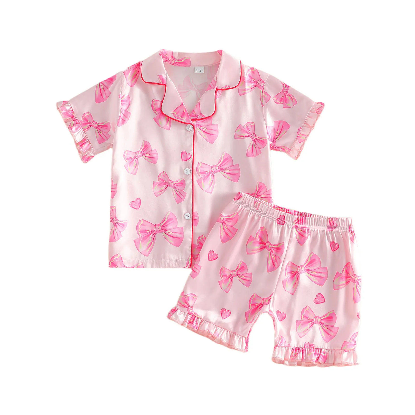 طفل الفتيات الصيف منامة مجموعة القوس القلب طباعة قصيرة الأكمام قمصان بلايز مرونة الخصر السراويل 2 قطعة صالة دعوى ملابس خاصة