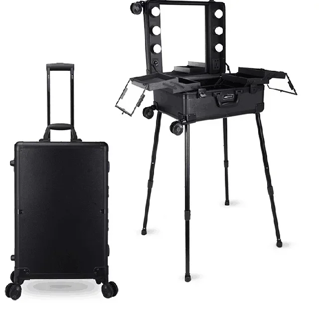 Black Table Beauty Case with Bulbs LED White Light Rolling Studio Makeup Artist Cosmetic Box with Light Leg Mirror Train