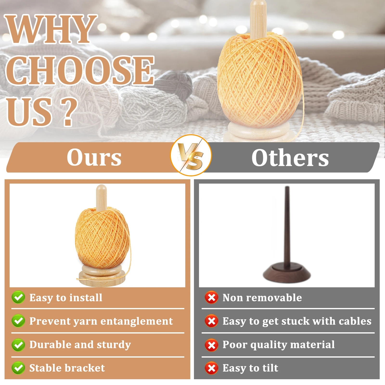Wooden Yarn Holder Rotatable Bamboo Yarn Skein Spinner Smooth Ball Holder Dispenser Crochet Accessory for Knitting
