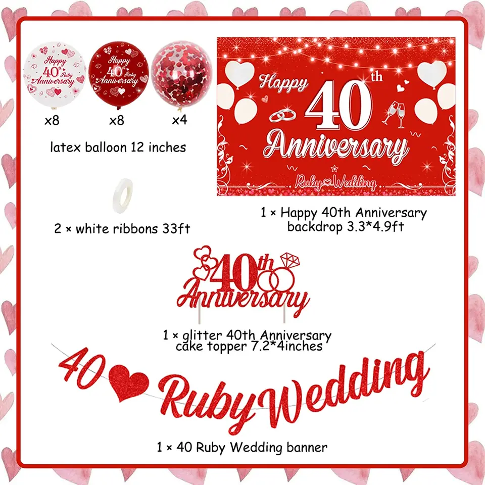 40th Wedding Anniversary Decorations Set Ruby Wedding Party Backdrop Happy  40th Anniversary Cake Topper Red and White Balloons - AliExpress, image size:960x960