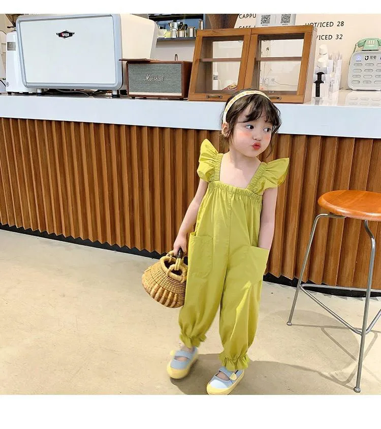 Girls little fly sleeve children overalls pants kids outfits backpack pants summer Children's dress falfashion outside wear jumpsuit spring