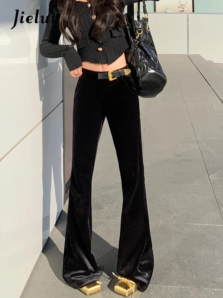 Jielur New Gold Leather Loop Buckle Velvet Black Flare Pants Spring Korean Fashion Versatile Women Casual Simple Women's Pants