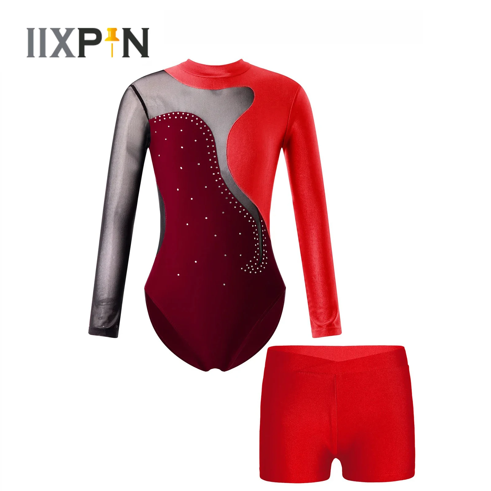 

Kids Girls Gymnastic Ballet Dance Leotard Figure Skating Outfit Long Sleeve Shiny Rhinestone Contrast Color Bodysuit+Shorts Set