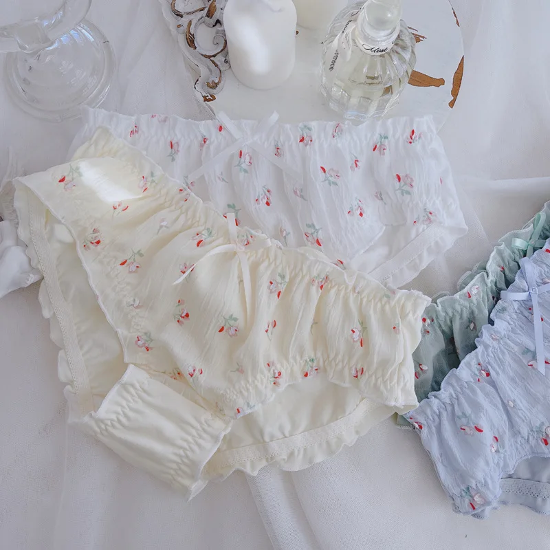 

Women Cotton Lace Bow Small Floral Ruffle Underwear Cute Lovely Sweety Middle Waist Panties Princess Style High Stretch Breifs