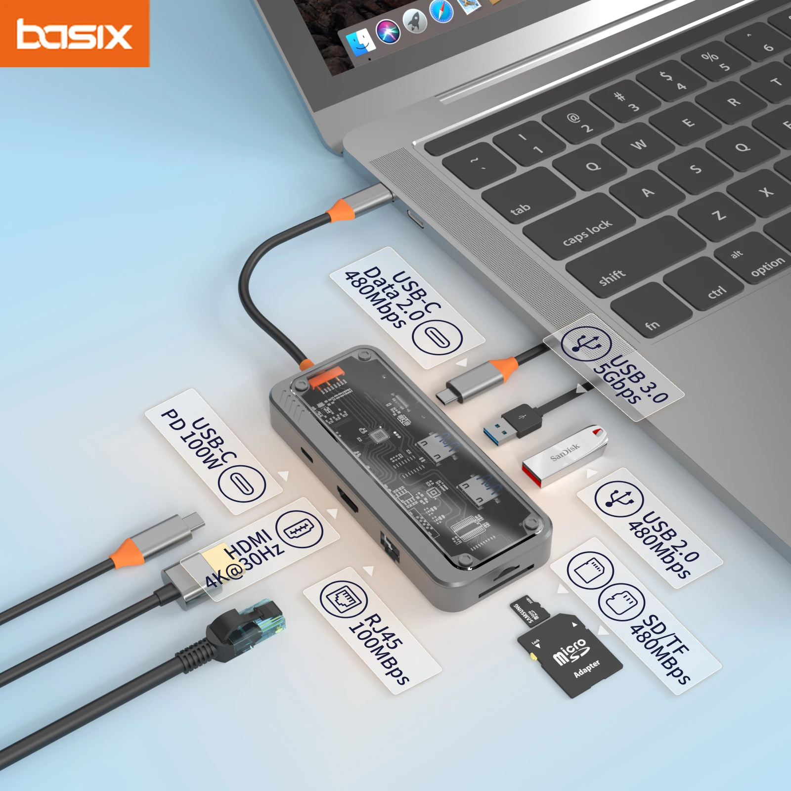 맥북 프로 에어 아이패드 PC용 USB C 도킹 스테이션, HDMI 호환, 4K @ 30Hz 디스플레이, 5Gbps USB C 3.0 허브, 100W PD SD/TF 