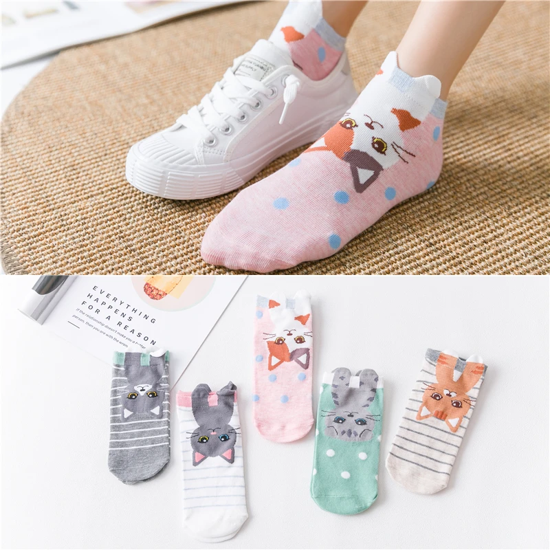 

Cute Girls Cartoon Cat With 3D Claw Short Ankle Socks Lovely Kitten Stripes Dots Patterned Happy Fashion Chic Summer