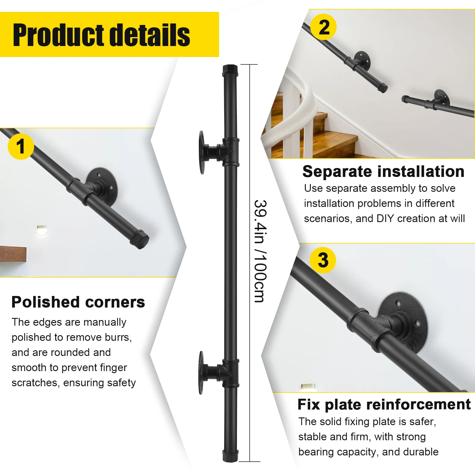 3.3FT Wall Mount Industrial Iron Loft Stair Handrail Stainless Steel Black Pipe Rail Indoor Stairway 110lbs Load Capacity