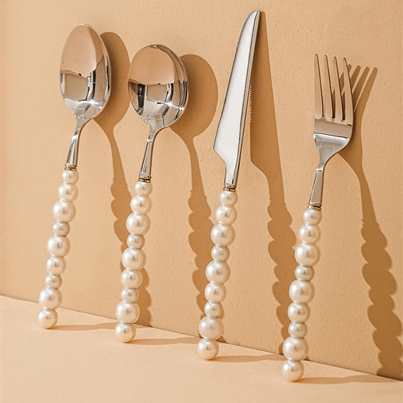 Europe Silver Fashion Pearl Cutlery Set 18/10 Stainless Steel Creativity Gift Flatware 304 Knife Fork Spoon