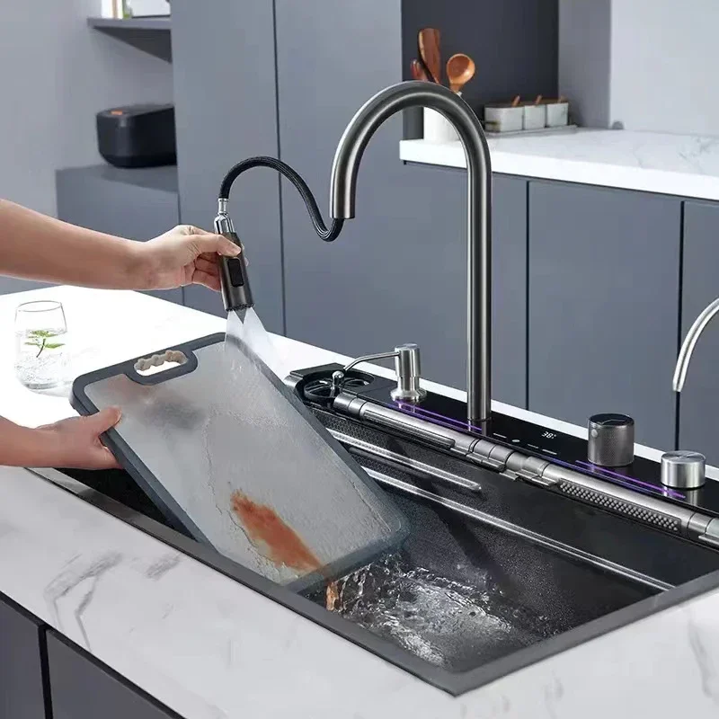 Stainless Steel Kitchen Waterfall Sink Embossed Digital Display Large Single Slot All-in-one Faucet Multi-functional Wash Bain 2