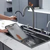 Stainless Steel Kitchen Waterfall Sink Embossed Digital Display Large Single Slot All-in-one Faucet Multi-functional Wash Bain 2