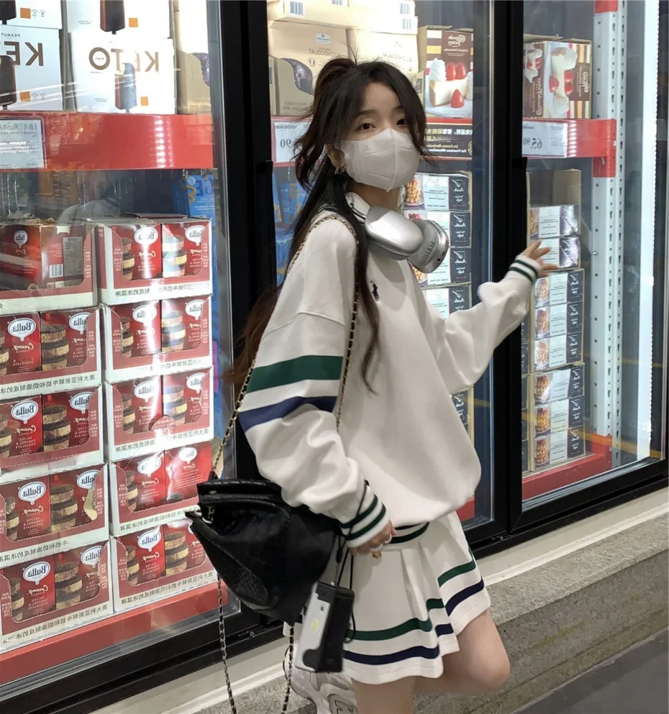 Polo Collar Stripe Long sleeve Hoodie + Pleated Two piece skirt м?¬мм?ⓒ, л?ёк мнм лё”лмм м?ён?ё, к°?м ммн’?