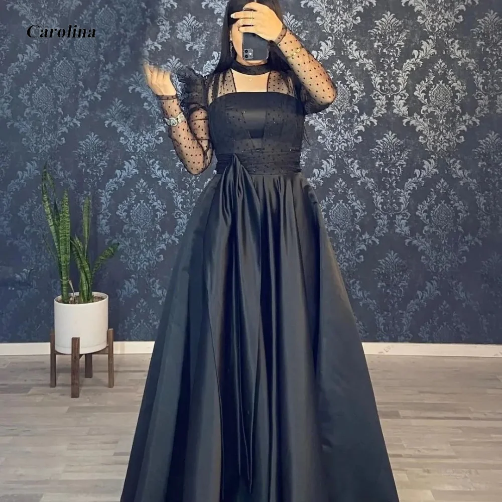 

O-Neck Prom Gown Custom Made Floor Length Puffy Sleeves Satin Occasion Dress Robe De Soirée Women Ruched Evening Party Dress