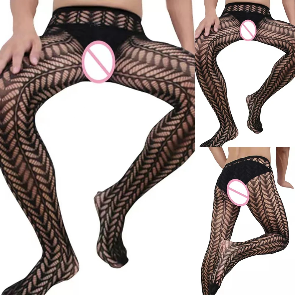 Sexy Men Sissy Pantyhose Fishnet Transparent Body Stockings Sheer Mesh Underwear Hollow Out Tights Pants Gay Erotic Lingerie