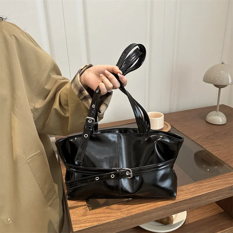 New Fashionable Versatile Belt Buckle Handbag Korean Style Solid Color Soft Leather Women’s Casual Shoulder Bag Underarm Bag
