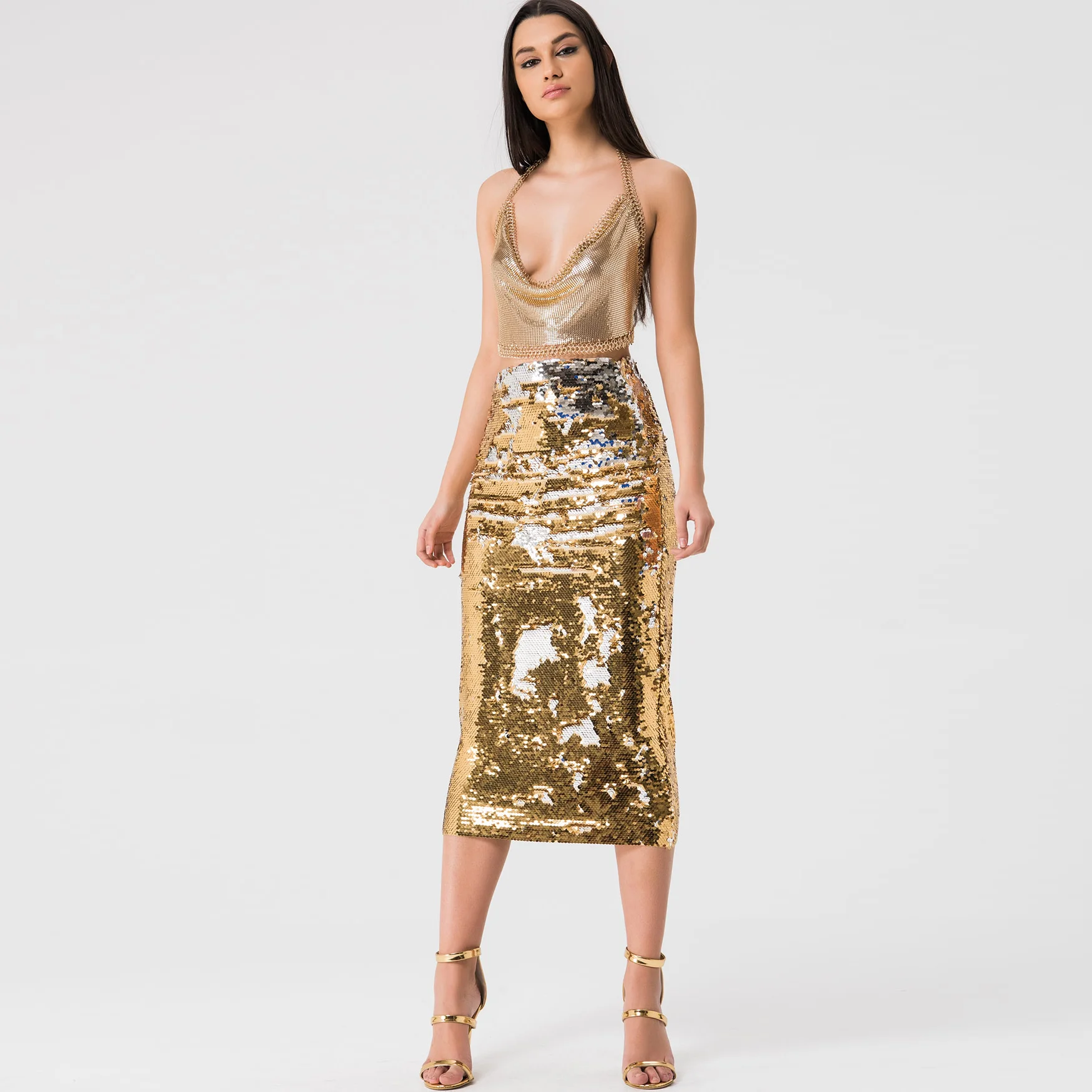 

Gold Sequined Skirts Women jupe femme Pencil Skirt Midi Length Black Long Skirts Sequin