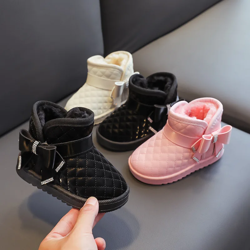 

Winter Girls Snow Boots Children Outdoor Boots Warm Plush Rhinestone Bow Princess Shoes Windproof Waterproof Kids Boots