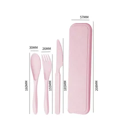 Eco - Friendly Reusable Travel Utensils Set with Wheat Straw Case - Portable Knife, Fork, and Spoon Tableware (Pink)