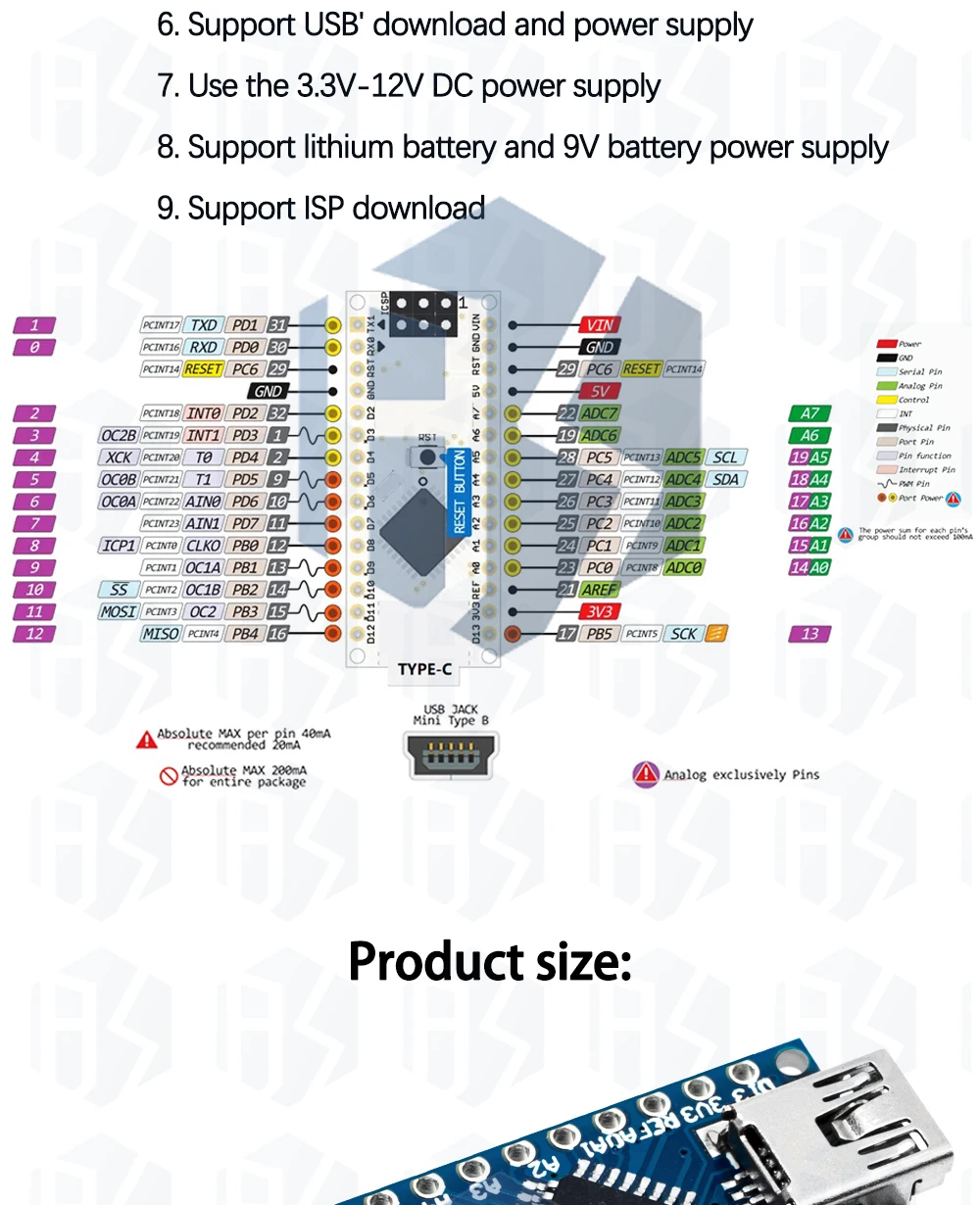 Typ-c Micro Mini USB Nano 3.0 mit Bootloader kompatiblen Controller für Arduino CH340 USB-Treiber 16 MHz Original IC ATMEGA328P – Detail 14