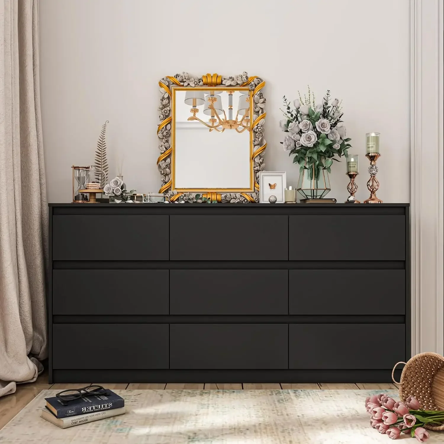 Modern 9 drawer black dresser with handle-free design